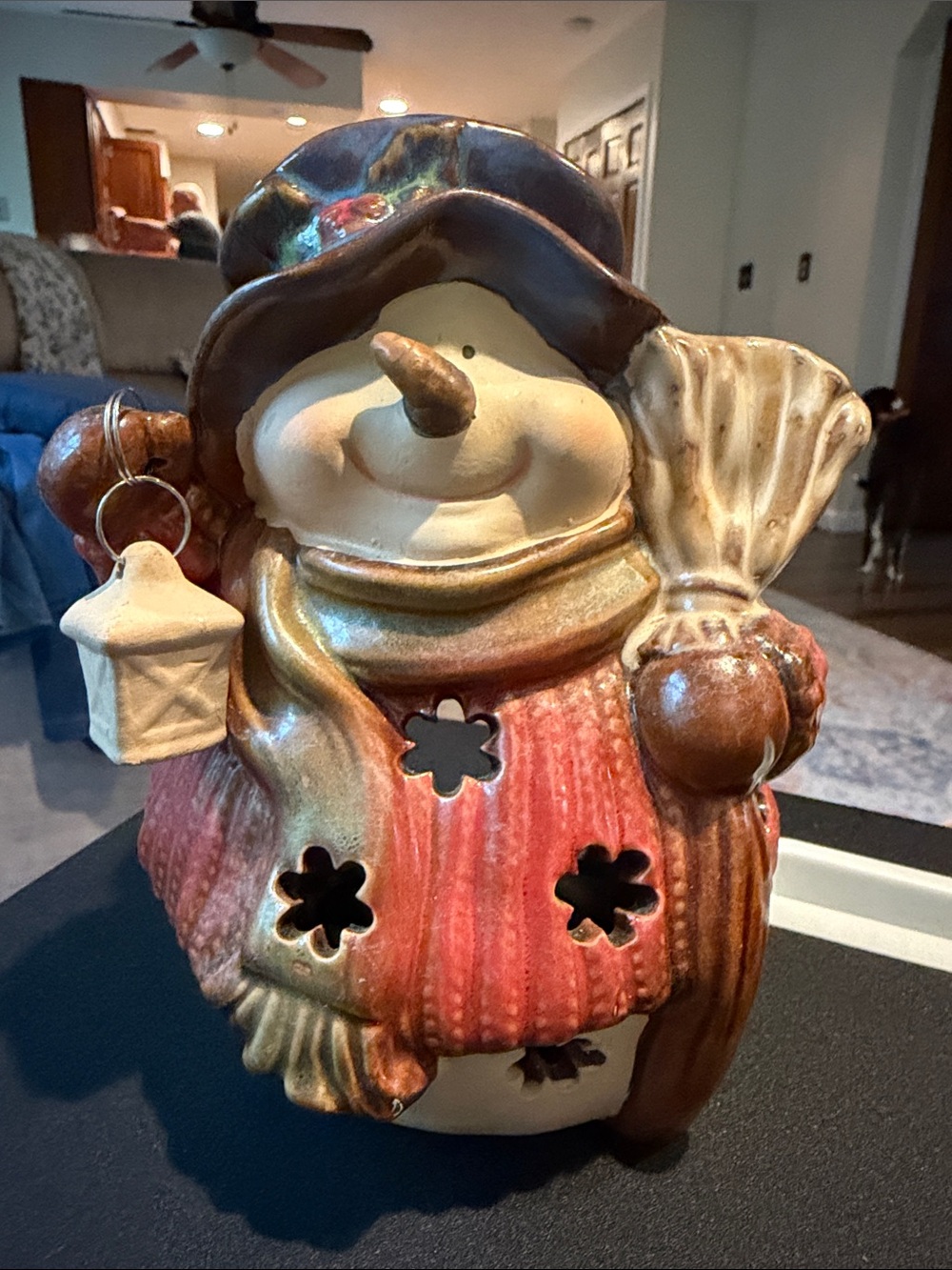 Snowman ceramic tea light holder.